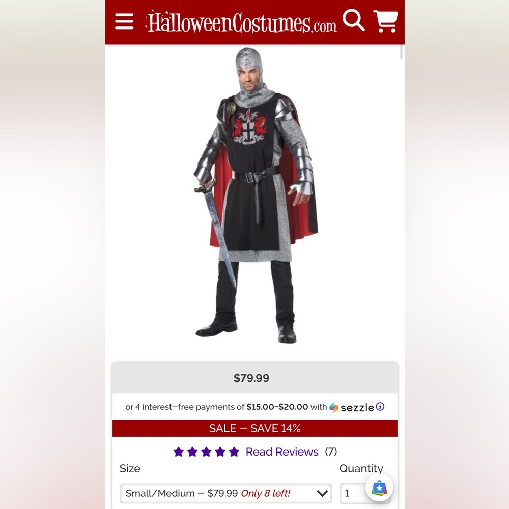 Knight Costume with Red Cape and Silver Armor